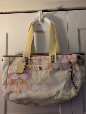 Coach Women's Multicolor Canvas Tote Bag with Yellow Handles